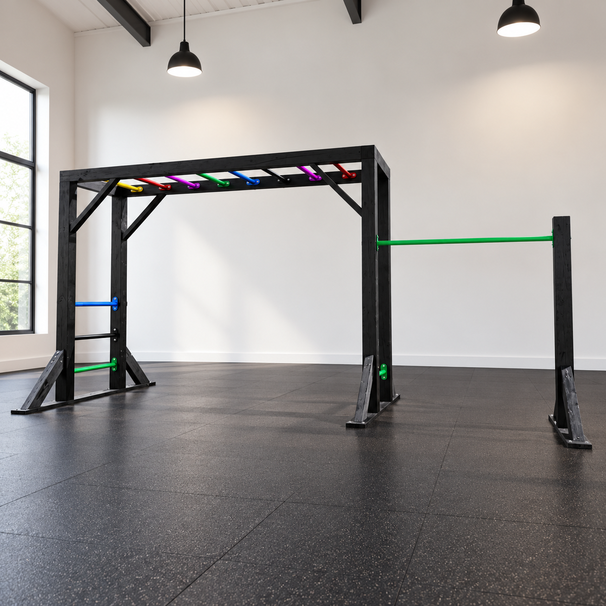 Indoor installation mockup showing a complete timber monkey-bar frame