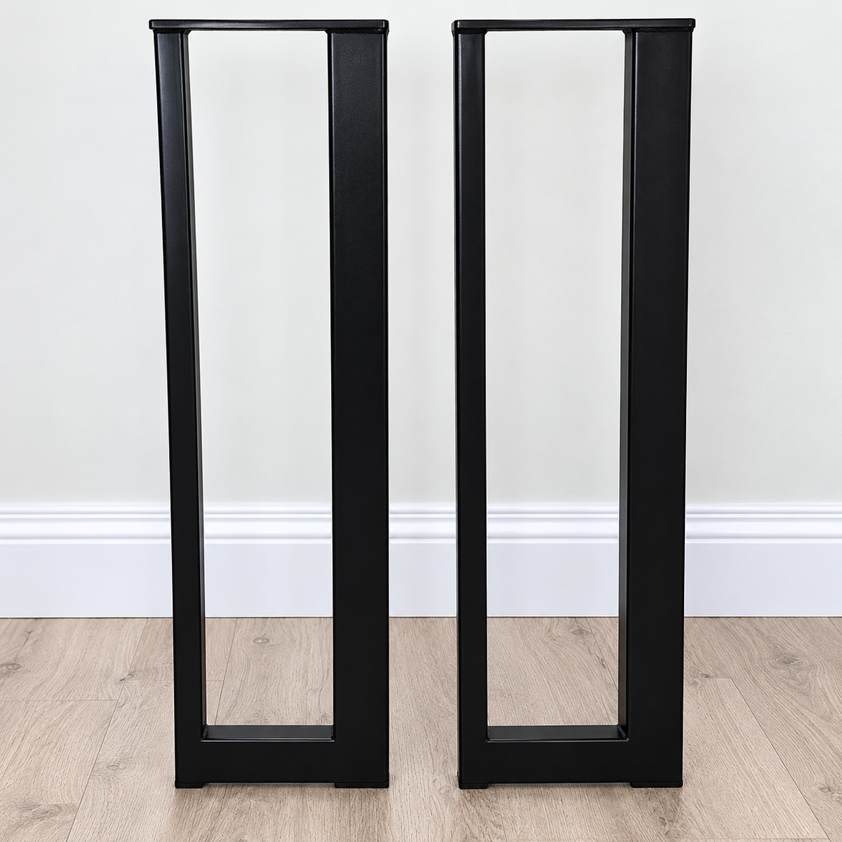 Pair of handmade asymmetric black powder-coated steel console table legs with 25x25mm and 50x25mm sections