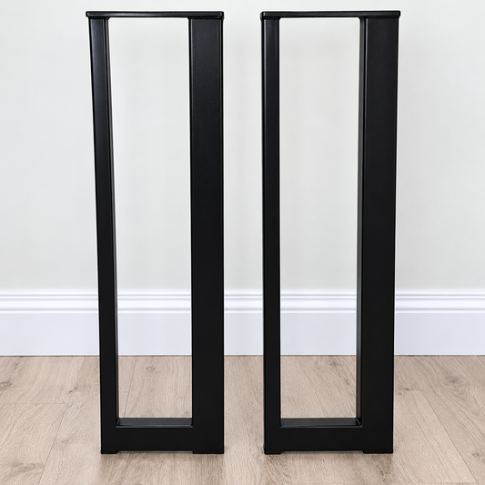 Pair of handmade asymmetric black powder-coated steel console table legs with 25x25mm and 50x25mm sections