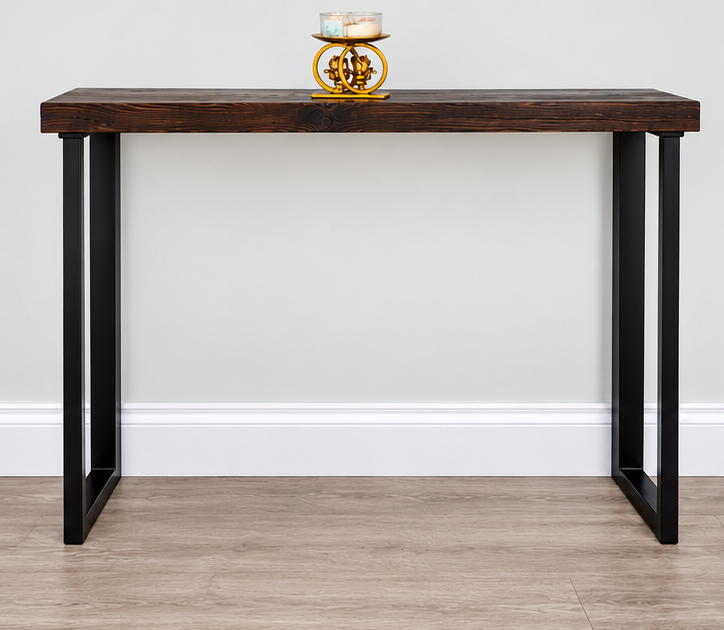 Modern industrial hallway console table with black asymmetric metal legs and dark timber top