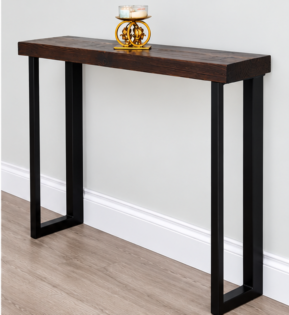 Modern industrial hallway console table with black asymmetric metal legs and dark timber top