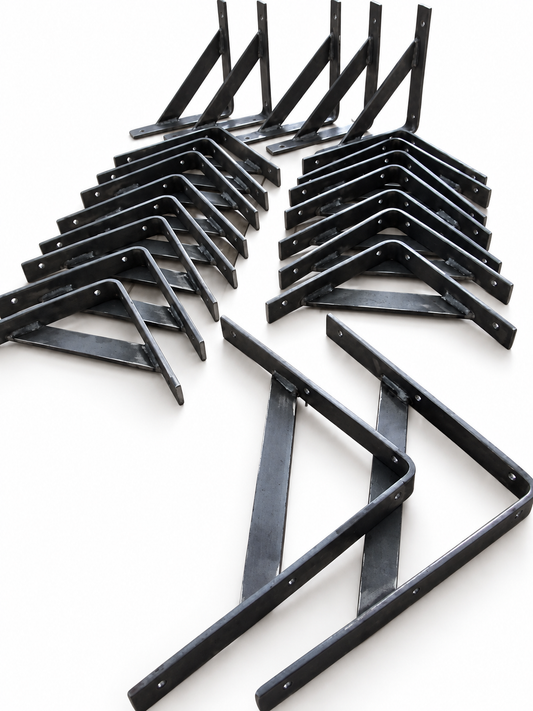 Braced steel shelf brackets arranged in different sizes on a clean white background