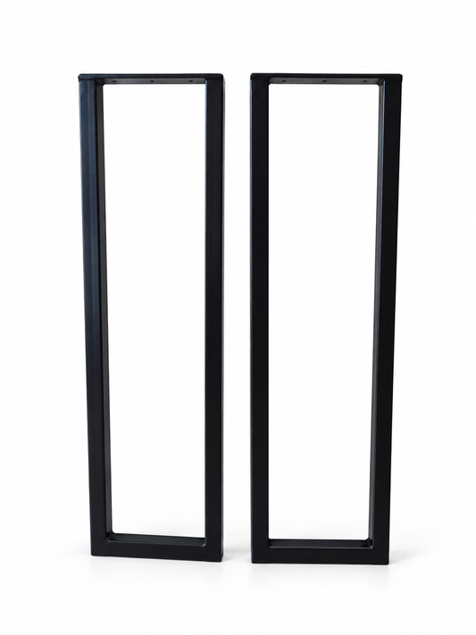 Pair of black powder-coated steel console table legs with rectangular frames on a white background.