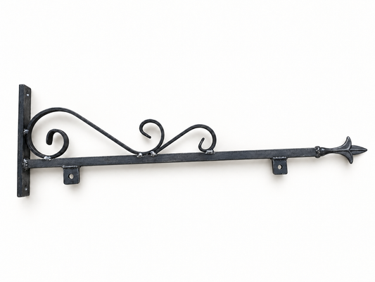 Square-bar steel hanging sign bracket with decorative scrollwork and pointed finial