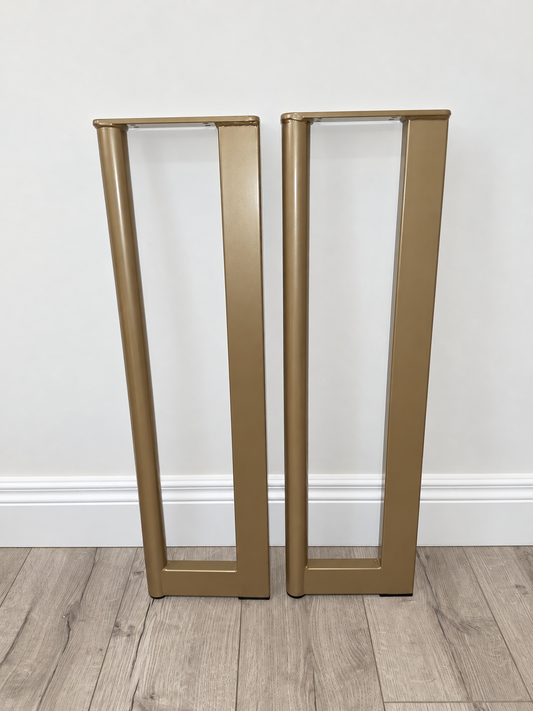 Pair of gold steel console legs with 33.7 mm round front pipes and 50 by 25 mm rear box sections
