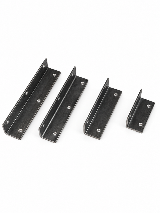 Four raw steel alcove shelf brackets in different lengths, showing angled profiles and fixing holes