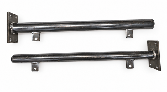 Two raw steel round pipe sign brackets with welded wall plates and hanging tabs on a white background